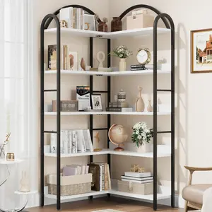 5-Tier L-Shaped Corner Bookshelf, Modern Industrial Bookcase with Arched Metal Frame, Open Wood & Metal Storage Shelves, Space-Saving Office Display Rack for Living Room, Bedroom