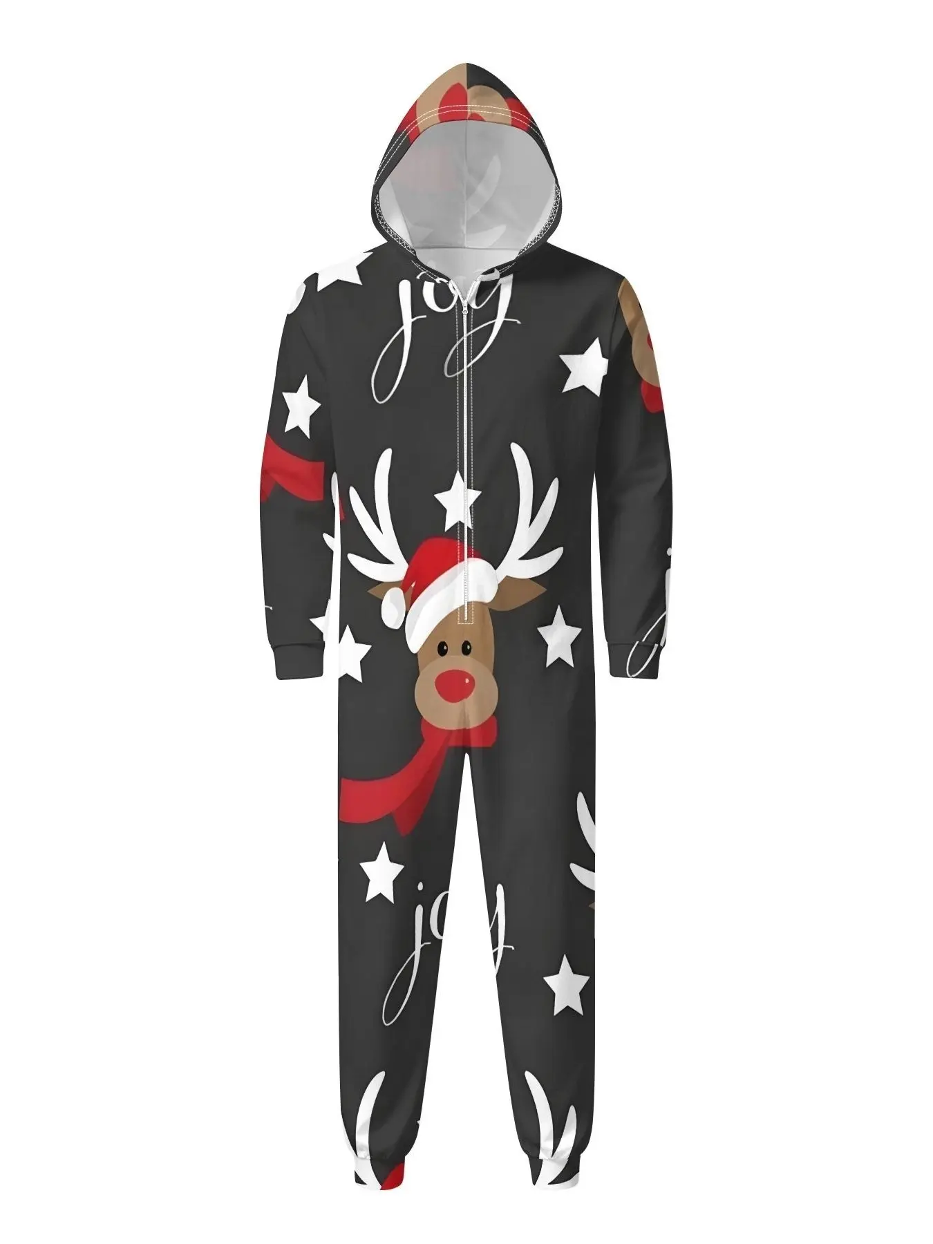Christmas Reindeer Hooded Jumpsuit for Men, Digital Print Zipper Design, Joy Letter Star Festival Home Party Wear