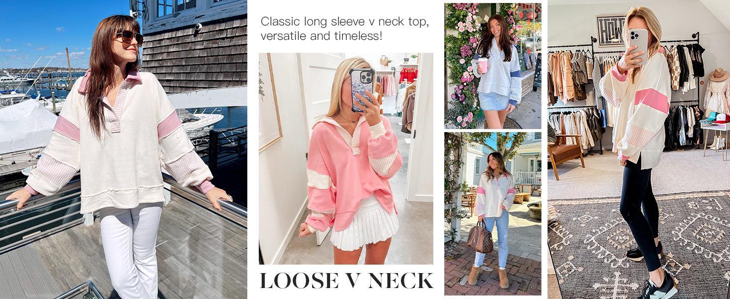 Imily Bela Womens Color Block Oversized Sweatshirt V Neck Long Sleeve Casual Loose Pullover Tops Hoodie Striped Pink & White