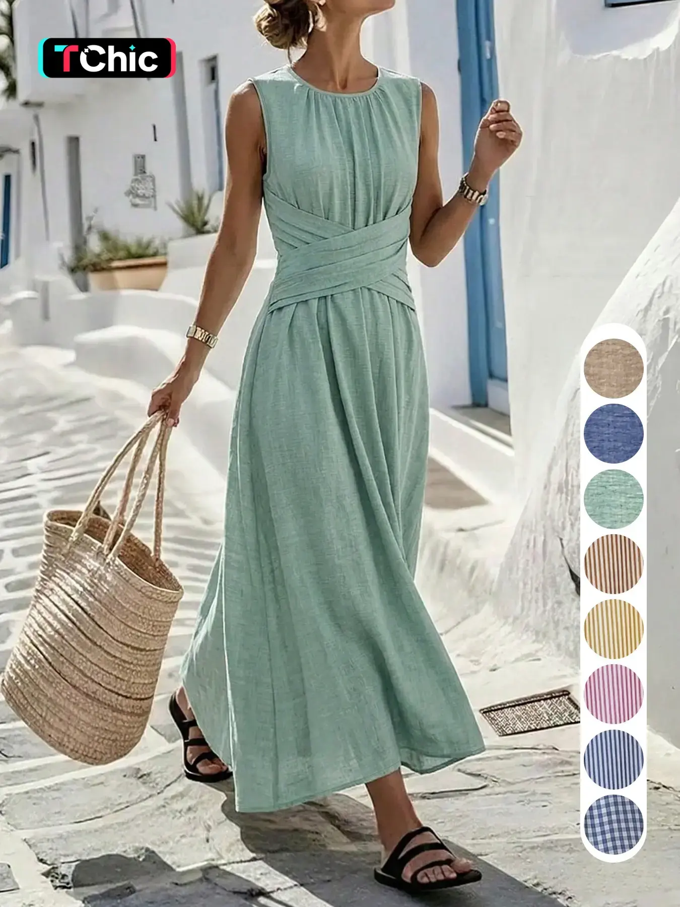 (The fabric is relatively thin and the size is a bit large) Sleeveless Round Neck Vacation Dress, Relaxed Style, Simple Elegant Look, Long Beach Dress, Summer Travel Dress, Daily Casual Plain Dress Ff2632