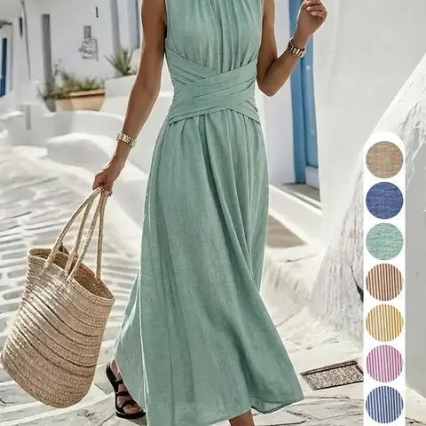 (The fabric is relatively thin, Lightweight and the size is a bit large) Sleeveless Round Neck Vacation Dress, Relaxed Style, Simple Elegant Look, Long Beach Dress, Summer Travel Dress, Daily Plain Dress Fit Ff2632
