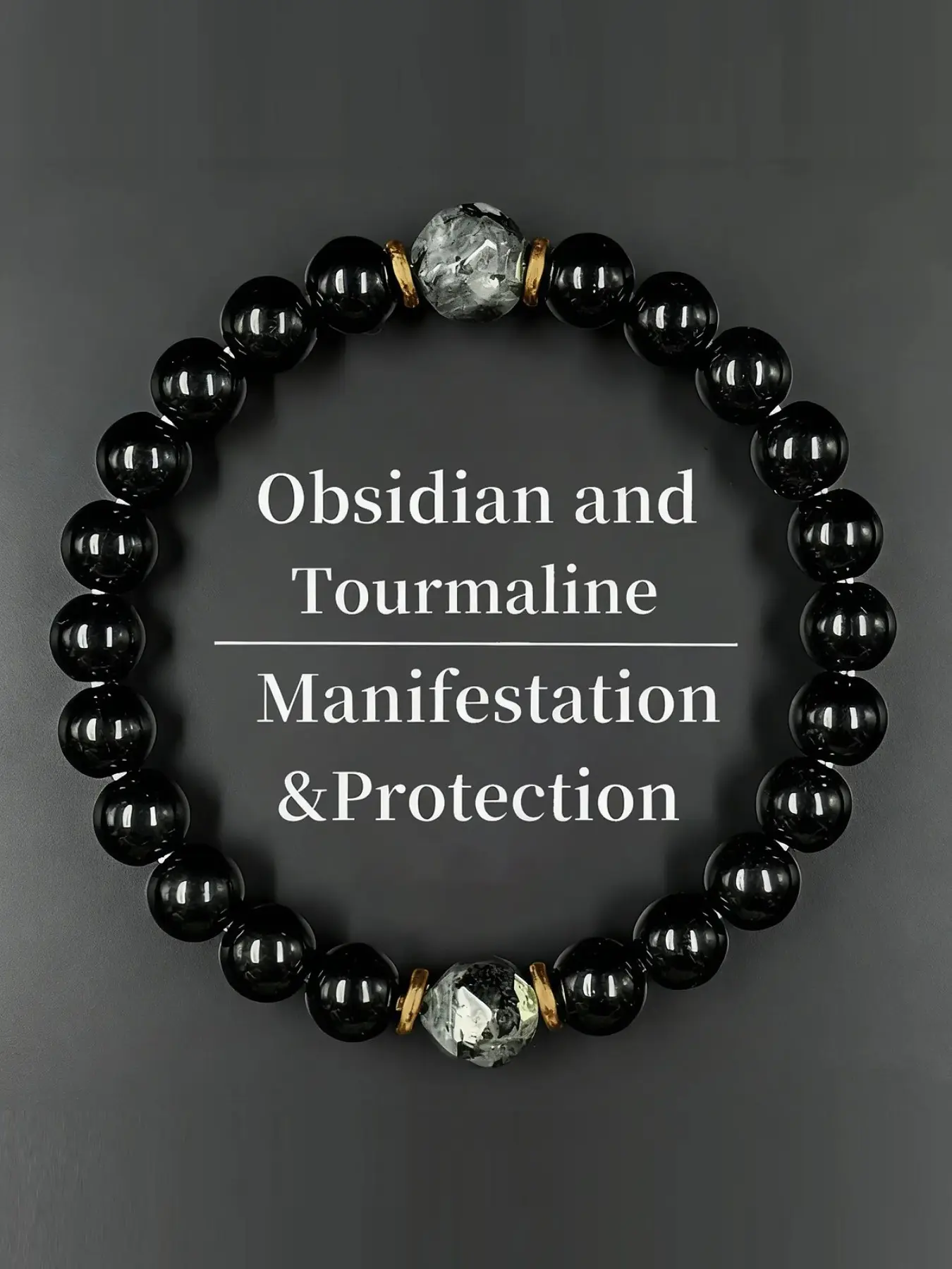 Obsidian and Black Tourmaline Bracelet Adjustable Elastic Crystal Beaded Bracelet for Protection Manifestation and Good Luck