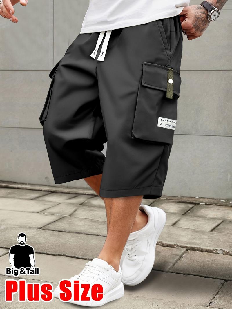 Men'S Plus Size Summer Lightweight Cargo Pants - Casual Cargo Style with Drawstring Waist, Large Pockets & Letter Patch, Solid Color Regular Fit for Casual Attire & Outdoor Activities, PLUS SIZE Men'S Plus Size Summer Lightweight Cargo Pants - Casual Cargo Style with Drawstring Waist, Large Pockets & Letter Patch, Solid Color Regular Fit for Casual Attire & Outdoor Activities, PLUS SIZE