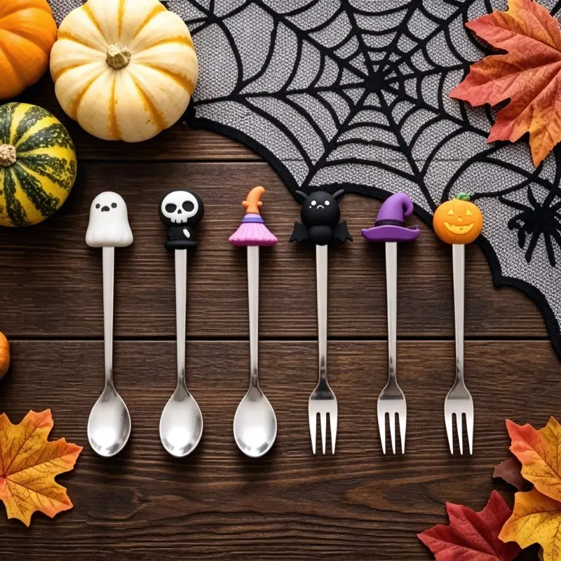6Pcs Halloween Stainless Steel Spoon Fork Set Cute Cartoon Ghost Pumpkin Bat Dessert Coffee Stirring Spoons Fruit Tasting Forks Kids Aesthetic Party Tableware Kitchen Gift
