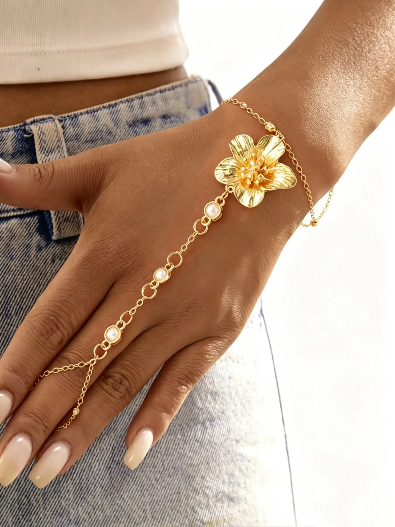 Fashion Faux Pearl & Rhinestone Flower Ring Bracelet, Exquisite Bracelet, Elegant Jewelry for Women, Perfect Gift for Summer Holiday, Valentine's Day & New Year