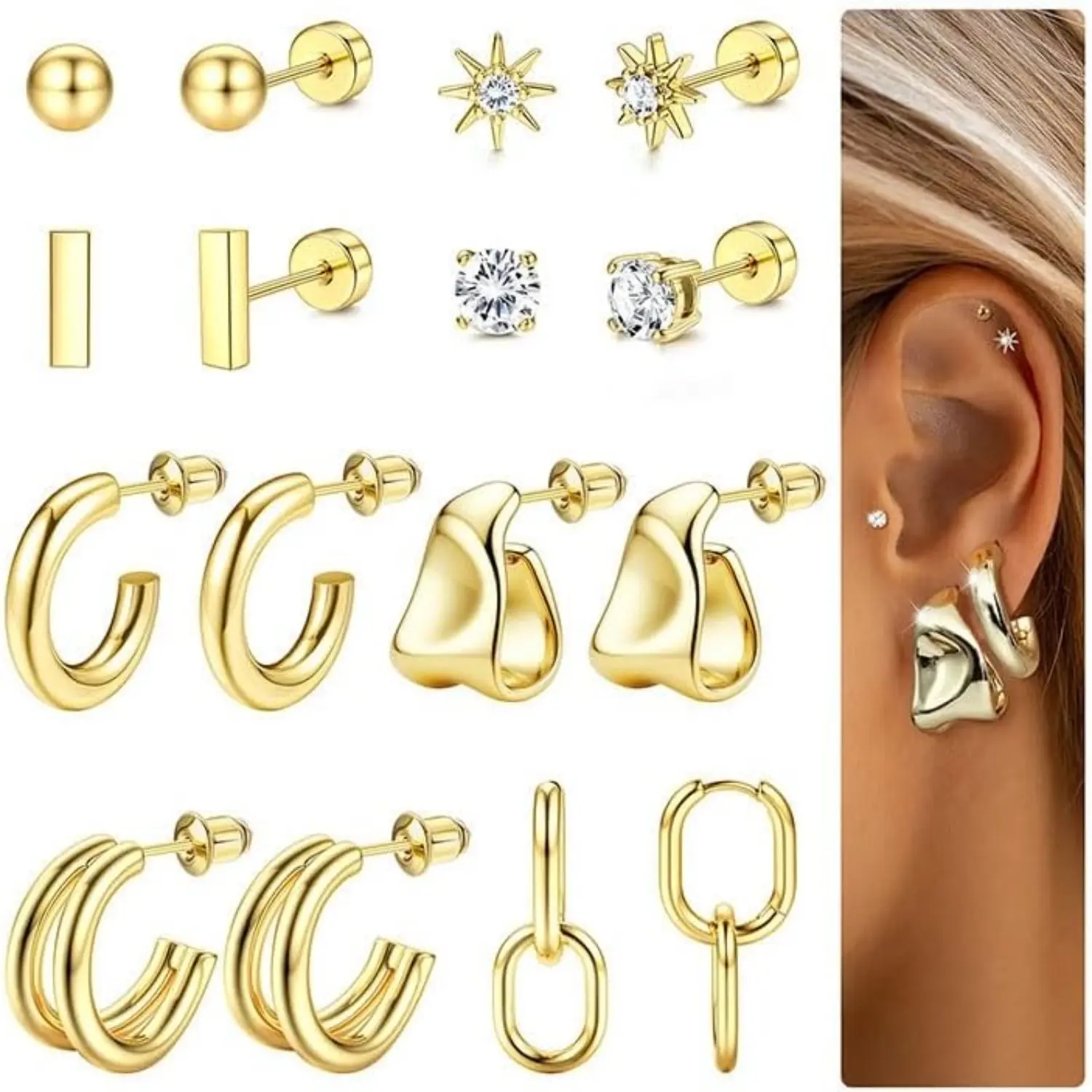 FIASASO 8 Pairs Hypoallergenic Flat Back Earrings for Women Trendy Small Cartilage Earring Stacks 14K Plated Gold Surgical Steel Earrings For Sensitive Ears Hoop Earring Sets For Multiple Piercing