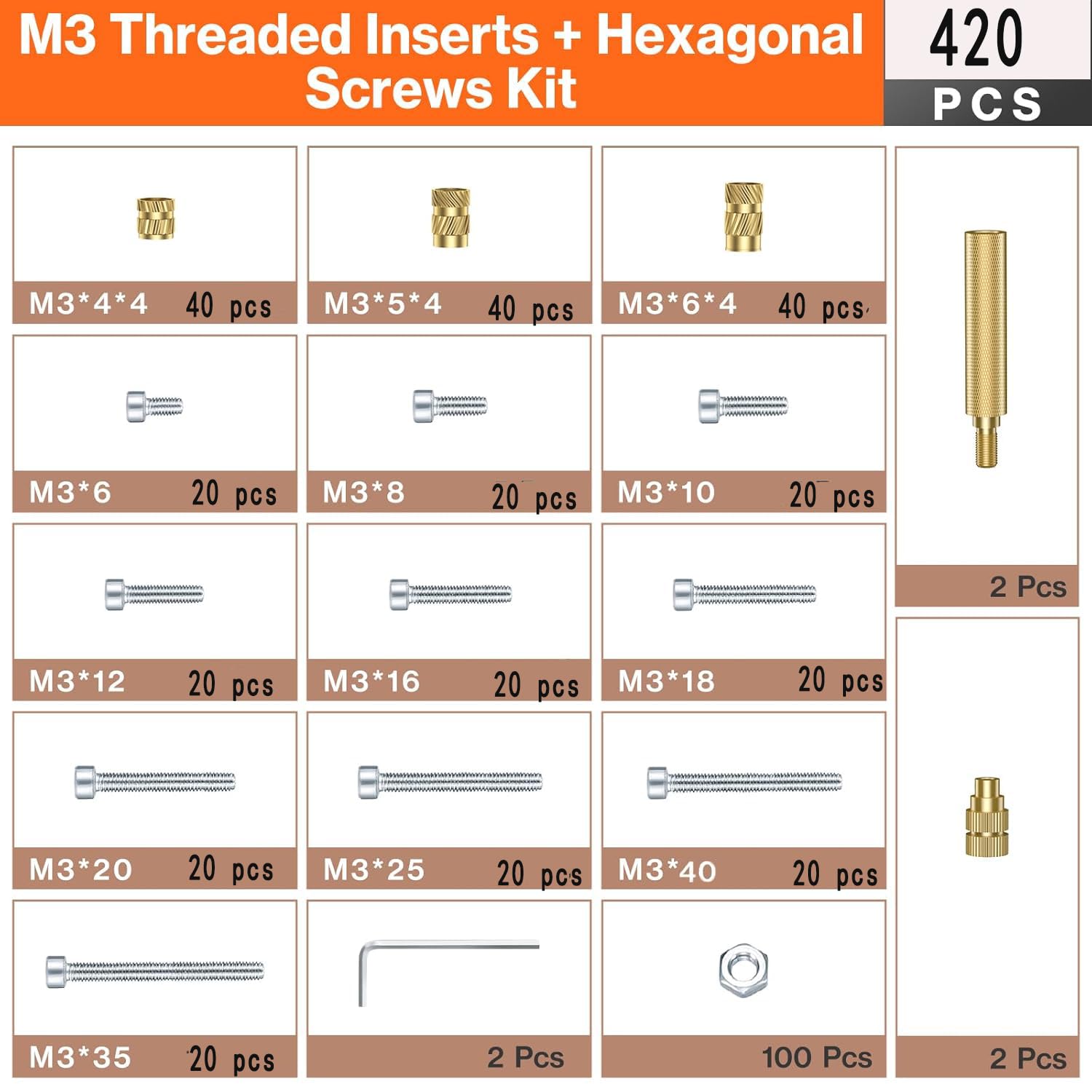 M3 Threaded Inserts Set -420Pcs Heat Set  Nuts with M3 Insert Tip and 60W Digital Soldering Iron Kit, 2 Interchangeable Tips, Easy Installation for  Printed