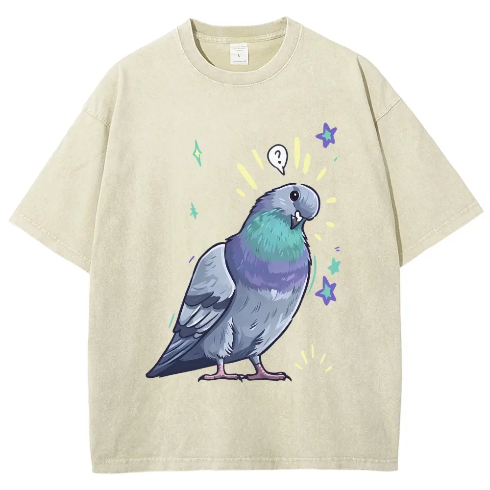 Unisex Confused Funny Pigeon Cartoon with Star Question Mark Graphict Washed T-Shirt Personalized Pattern Y2k Clothing Round Neck Washed T-Shirt,Women's Clothing 100% Cotton, Menswear, Top, Vintage Style,Summer Casual Oversized