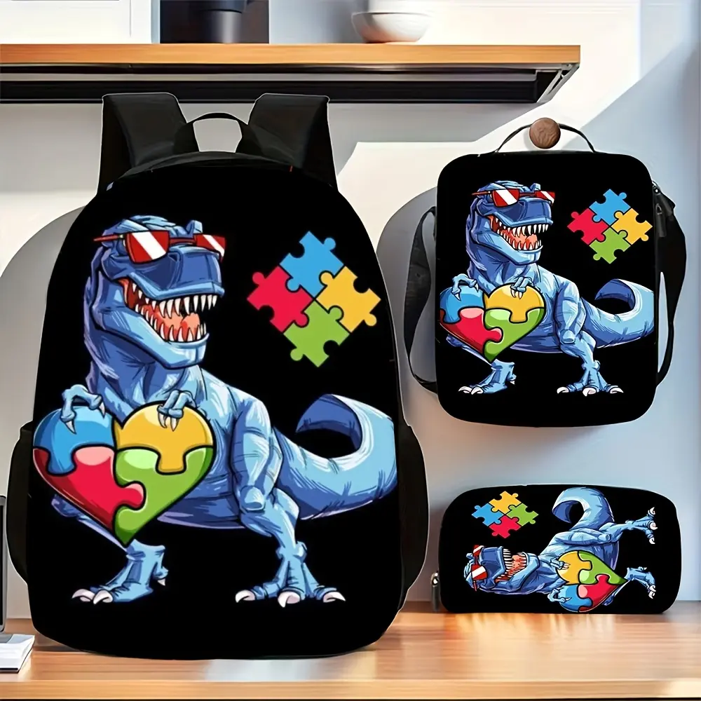 Kids' 3-Piece Durable Water-Resistant School Backpack Set, 600D Oxford Cloth, Cool T-Rex Autism Puzzle Heart Graphic, Lightweight Design, Breathable Cushioned Straps, PEVA Insulated Lunch Box, Pencil Case