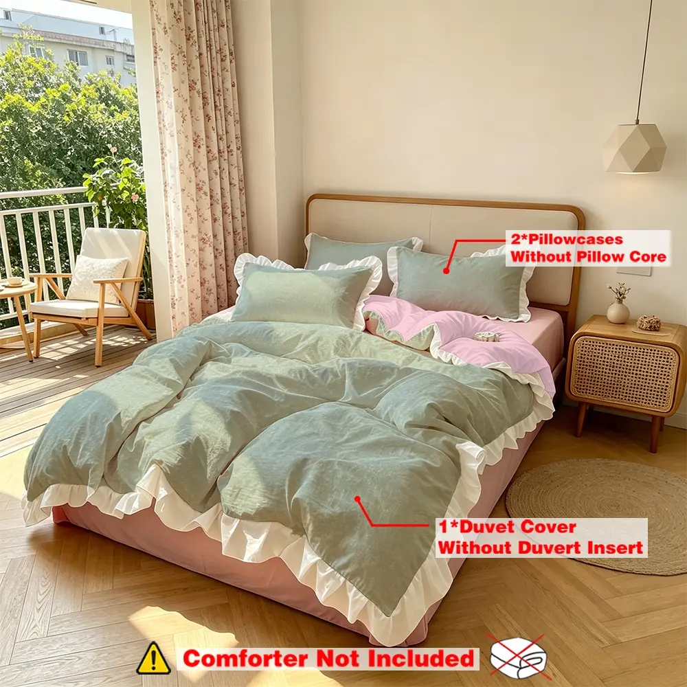 3-Piece Bedding Set (1 Duvet Cover + 2 Pillowcases, No Insert), Simple Green Pink Color Block White Pleated Ruffle Printed Lace Decorative Duvet Cover, Soft Comfortable Room Decor, Gift