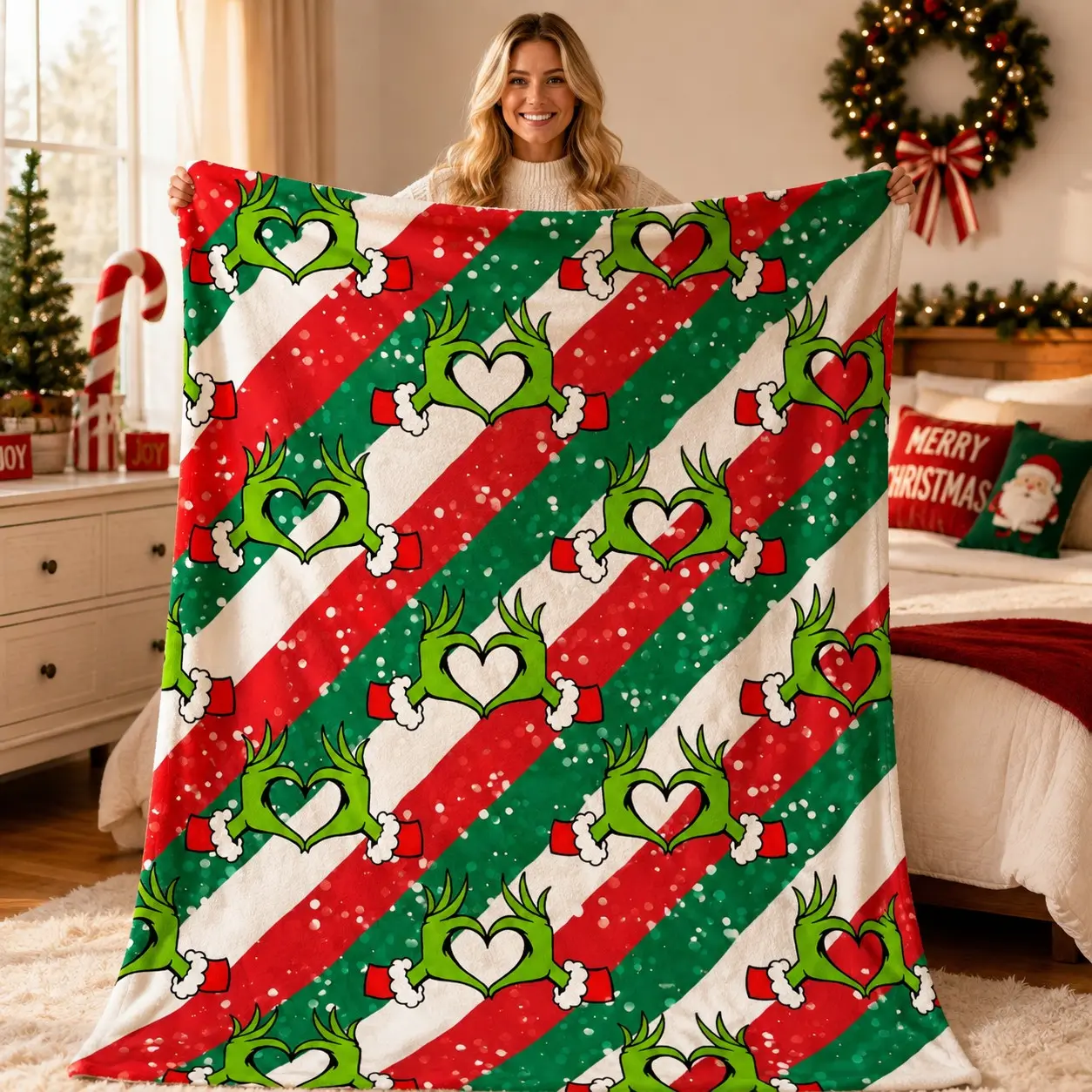 Grinch Heart Hand Gesture Christmas Fleece Throw Blanket, Red Green White Diagonal Stripe Pattern, Green Character Making Heart Shape, Snowflake & Cuff Detail Design, Soft Warm Blanket for Sofa Bed Office Camping, Christmas Fan Birthday Christmas Gift
