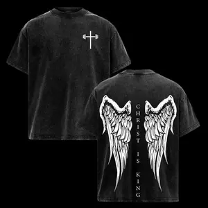 valentine shirts Christ Is King T-Shirt | Vintage Angel Wings Graphic Tee | Oversized Washed Christian Streetwear