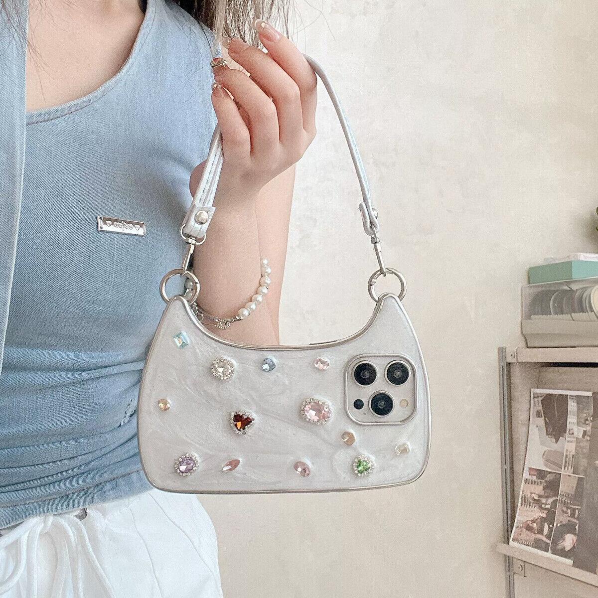 [Free !ship] ( Hand Lanyard ) Glitter Bling Diamond & Heart Sparkle Case for iPhone 17 Pro Max 16 15 14 13 Pro Max for Women Girls Crystal Wristband Bracelet Shockproof Cute Pretty Love Luxurious 3D Rhinestone Decorate Silicone Soft Shell Back Cover