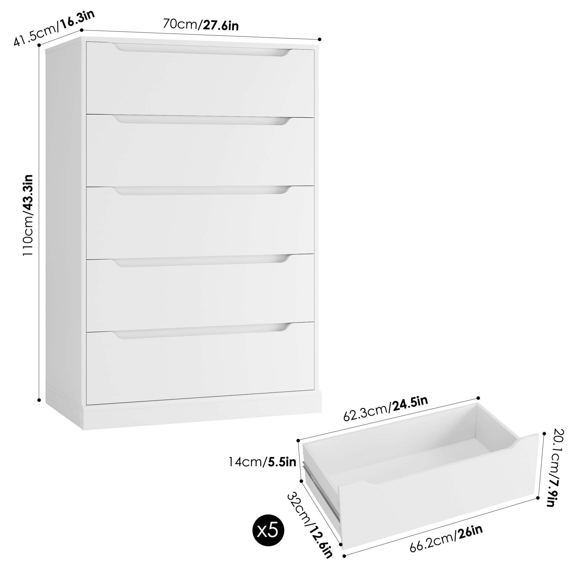 HOSTACK Modern 5 Drawer Dresser for Bedroom, Tall Chest of Drawers with Storage, Large Wood Cloth Storage Organizer with Cut-Out Handle, Accent Storage Cabinet for Living Room, Hallway