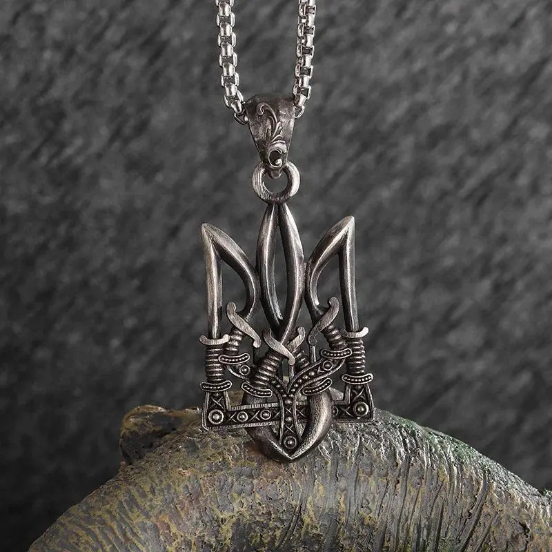 Men's Retro Neptune Poseidon Trident Necklace - Ukraine National Emblem Pendant, Fashion Statement Necklaces, Cool Trendy Costume Jewelry Accessories, Chain Link