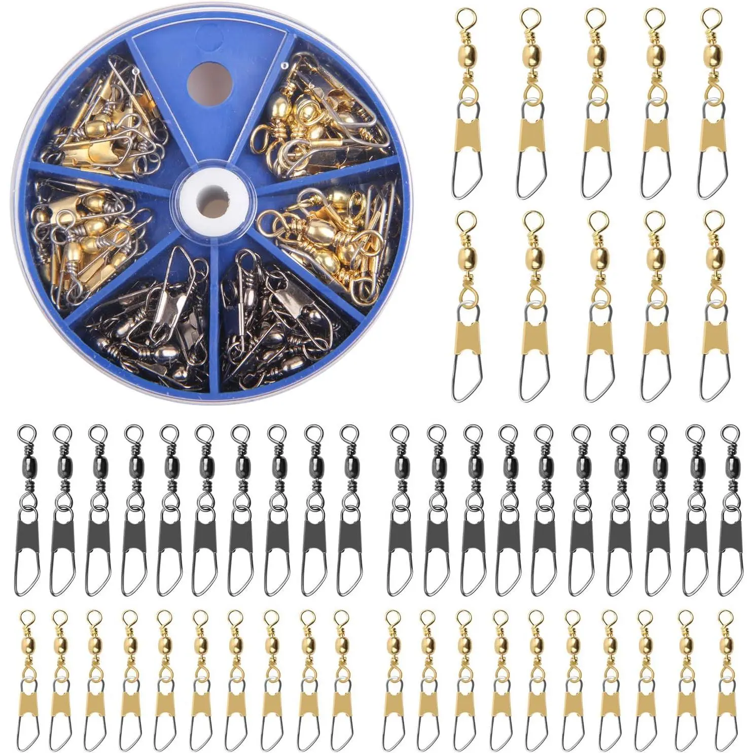 Barrel Swivel Snap Kit - 50 count Barrel Swivels with Safety Snaps High Strength Fishing Quick Connect Snap Swivels with Solid Ring Fishing Tackle Accessories Box Kit Size 4#,6#,8#,10#,12#,14#