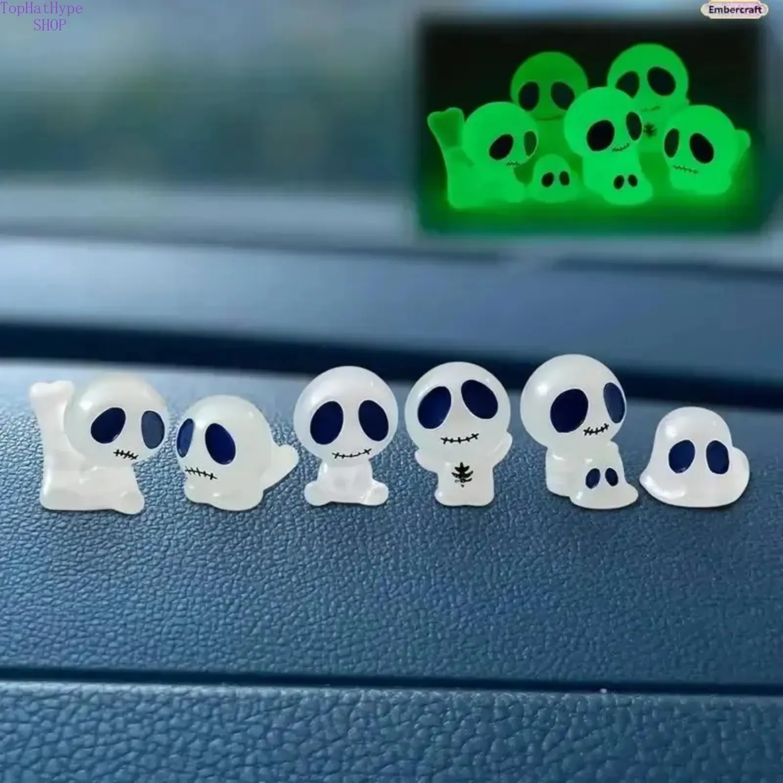 6PCS Whimsical-Alternative Halloween Viral Glow Skeleton Car Accessories Set, Resin Dashboard Decor, Rearview Mirror Hanging Ornaments, DIY Scene Props, TikTok Trending Gift for Women, Cool Car Decorations