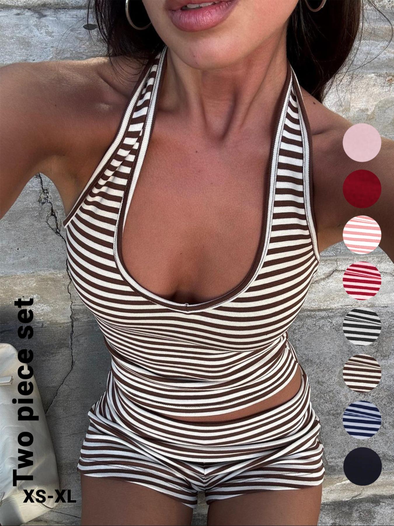 Women's Casual Striped Halter Neck Crop Top & Shorts Set, Summer Fitted Two-Piece, Regular Length, Moderate Fabric Thickness, Womenswear Women's Casual Striped Halter Neck Crop Top & Shorts Set, Summer Fitted Two-Piece, Regular Length, Moderate Fabric Thickness, Womenswear