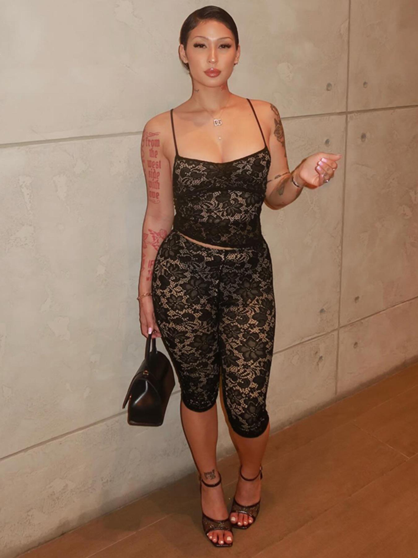 Women's Plain Floral Lace Sleeveless Cami Top & Skinny Pants Two-piece Set, Sexy Feminine Fashion Casual Two Piece Outfits for Daily Outdoor Wear, Lady Black Clothes Outfit, Womenswear