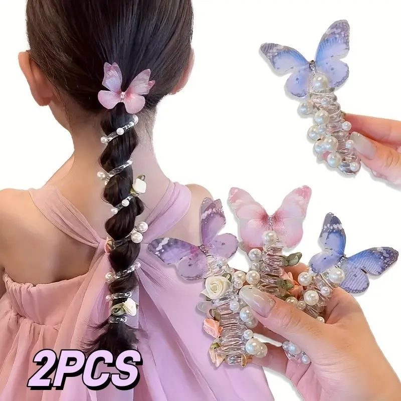 2PCS New Mesh Butterfly Hair Ties, Cute Beaded Flower Hair Rope for Girls, Perfect for Daily Wear, Festive Parties, Girl's Headwear Accessory, Hair Accessories, Hair Decor, Hair Styling Accessories, Elastic Hair Accessory