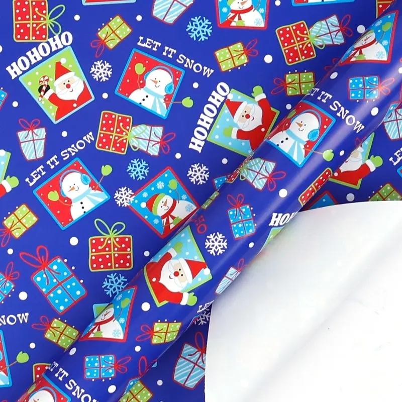 Heavy Duty Thick Christmas Wrapping Paper Roll (16.9x118.1in), No-tear Blue Santa and Snowman Pattern DIY Gift Wrap, Nesting Party Holiday Present Packaging, Let It Snow Motif Winter Festival Box Decor Supplies