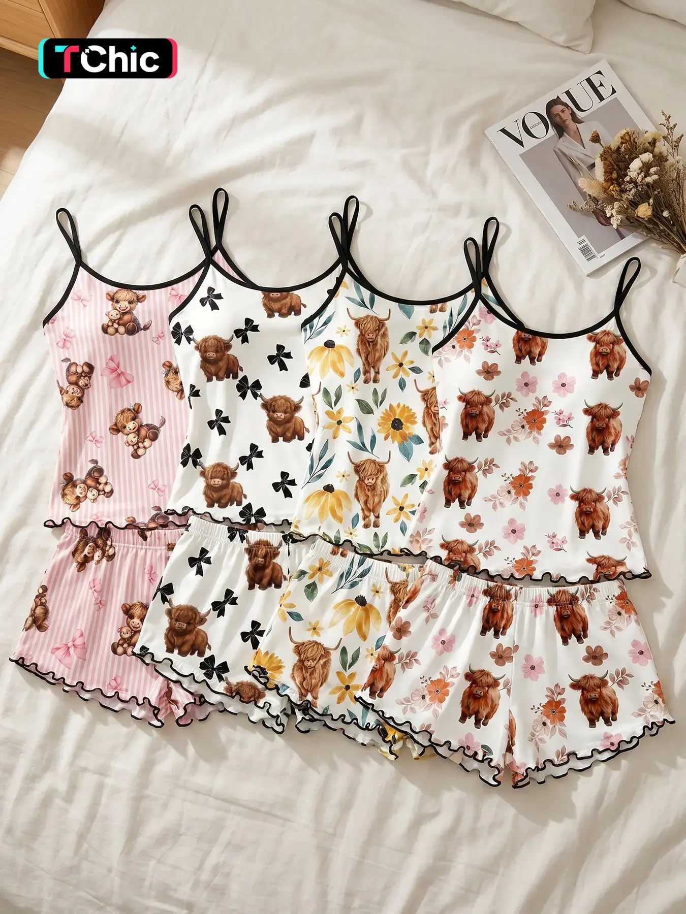 Women's 4 Piece Spaghetti Strap Cami Top and Shorts Pajama Sets, All Season Wear, Highland Cow Floral Bow Print Ruffle Hem, Highland Cow Aesthetic, Loose Breathable for Home & Casual Wear Camisole Sets