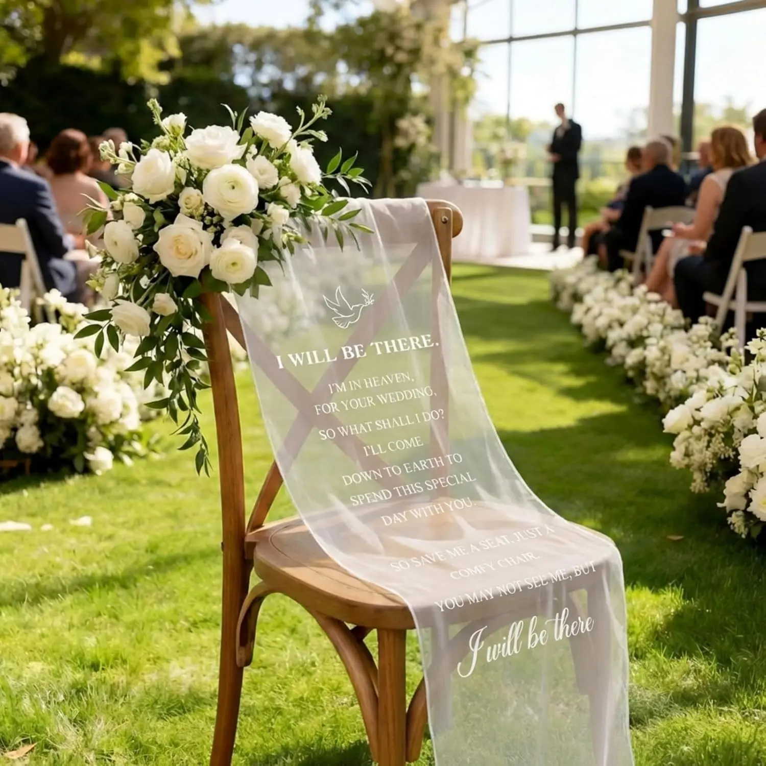 Reserved Wedding Chair Sign Banner Loving Memory Signs for Wedding with Love from Heaven Cotton Linen 15'' x 50'' Save a Seat for Someone in Heaven (White, Organza, Be There)