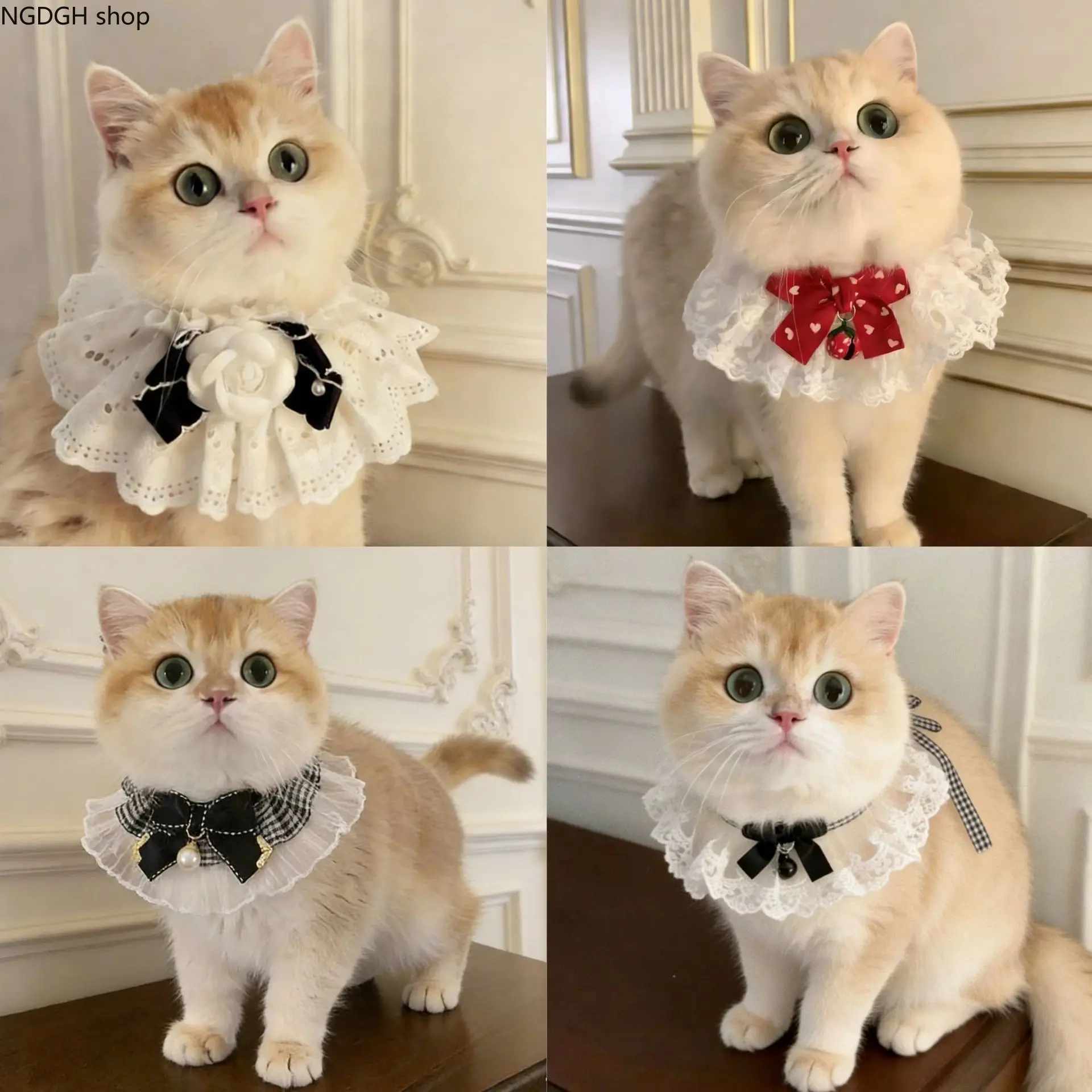 Kitten Collar - Pink Lace Bow Pearl Ruffled Cat Collar Adjustable Cute Luxury Kitten Pet Necklace Elegant Daily Fashion Accessory