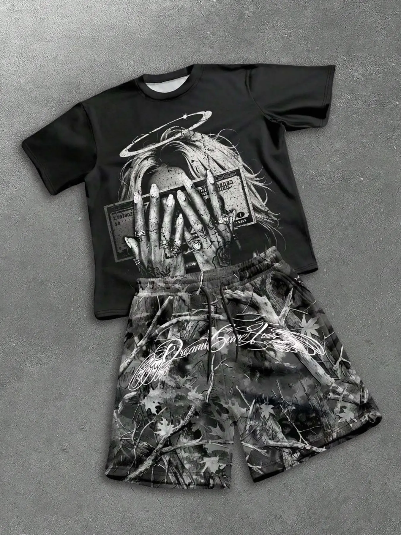 Men's Dark Gothic Streetwear Set Two Piece Angel Halo Money Graphic Tee and Real Tree Camo Shorts Summer Tracksuit Drip Outfit for Festival Club Casual Wear
