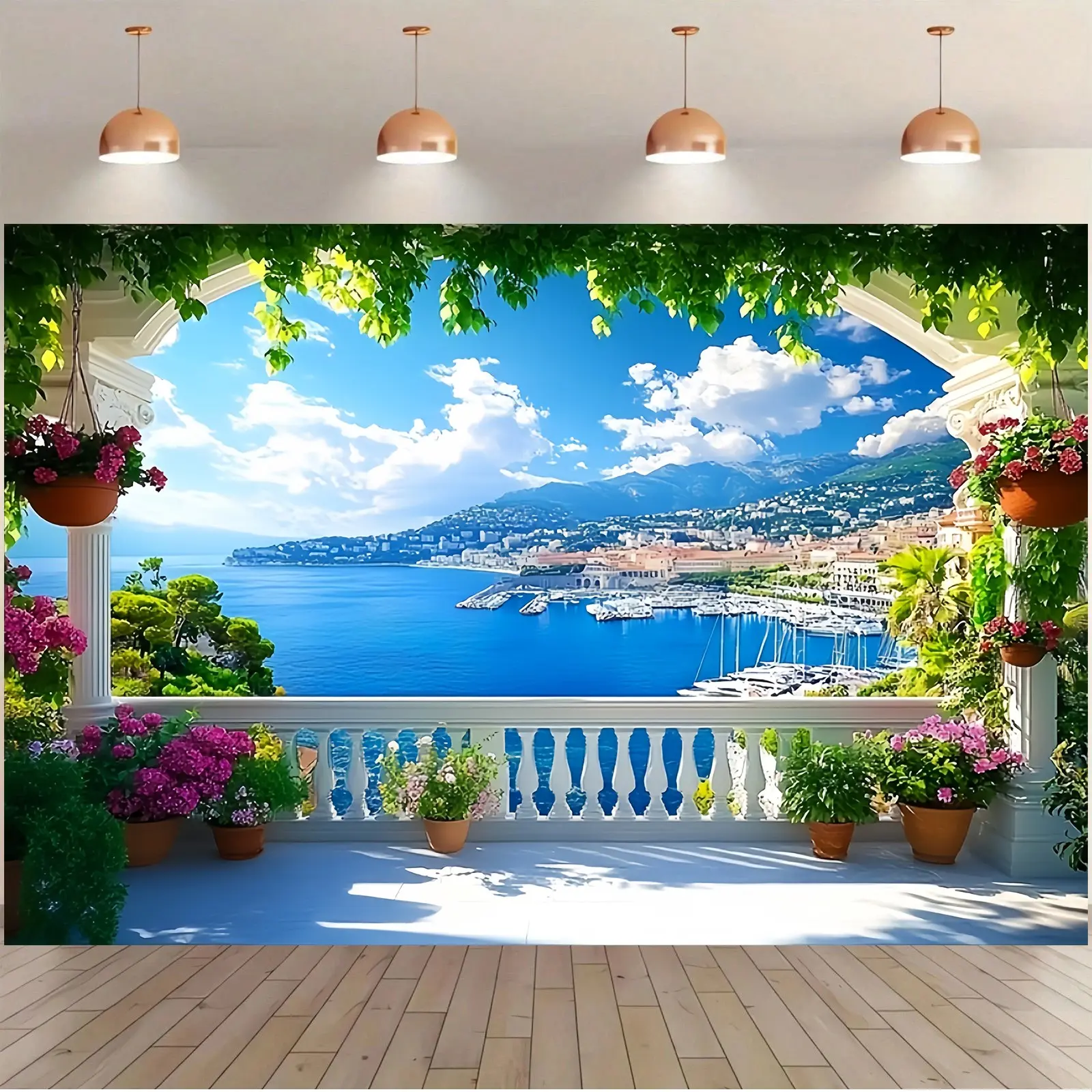 2D Flat 1pc Mediterranean Balcony Sea View Backdrop Wrinkle Resistant, Coastal Ocean View Yacht Harbor Flowers Blue Sky Summer Vacation Photography Background, Vinyl Party Banner for Summer Birthday Travel Photo Booth Home Decor Photoshoot Props