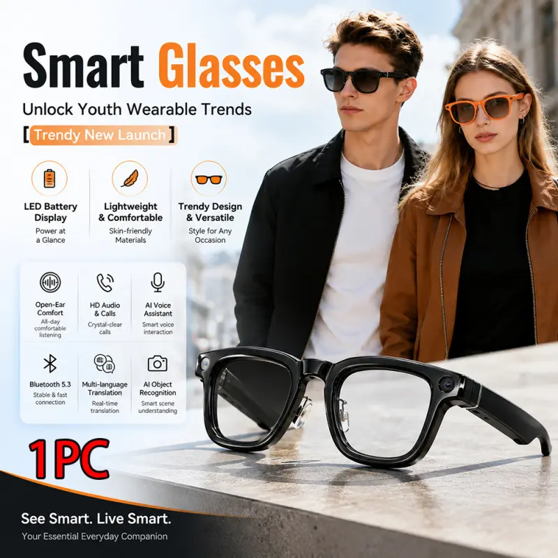ChatGPT AI Smart Camera Glasses: 8MP HD Lens & 1200P Video. Features AI visual translation, object recognition, voice wake-up & touch control. Dual-mic noise canceling for clear calls & music. Long battery life with wear detection.