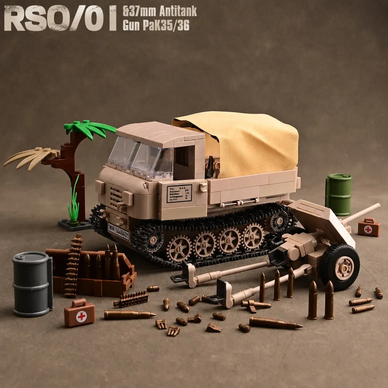 Military Tracked Transport Vehicle Rso/01, 37mm Anti-Tank Gun, Building Blocks Set, High Difficulty Assembly, Military Model, Stem Education Toy