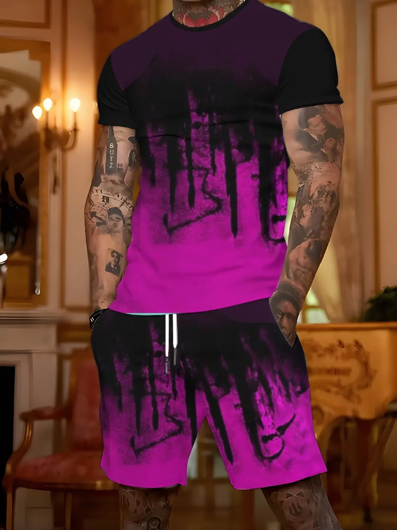 Men's Gradient Graffiti Print Two-Piece Set, Short Sleeve Tee and Drawstring Shorts, Summer Casual Sportswear