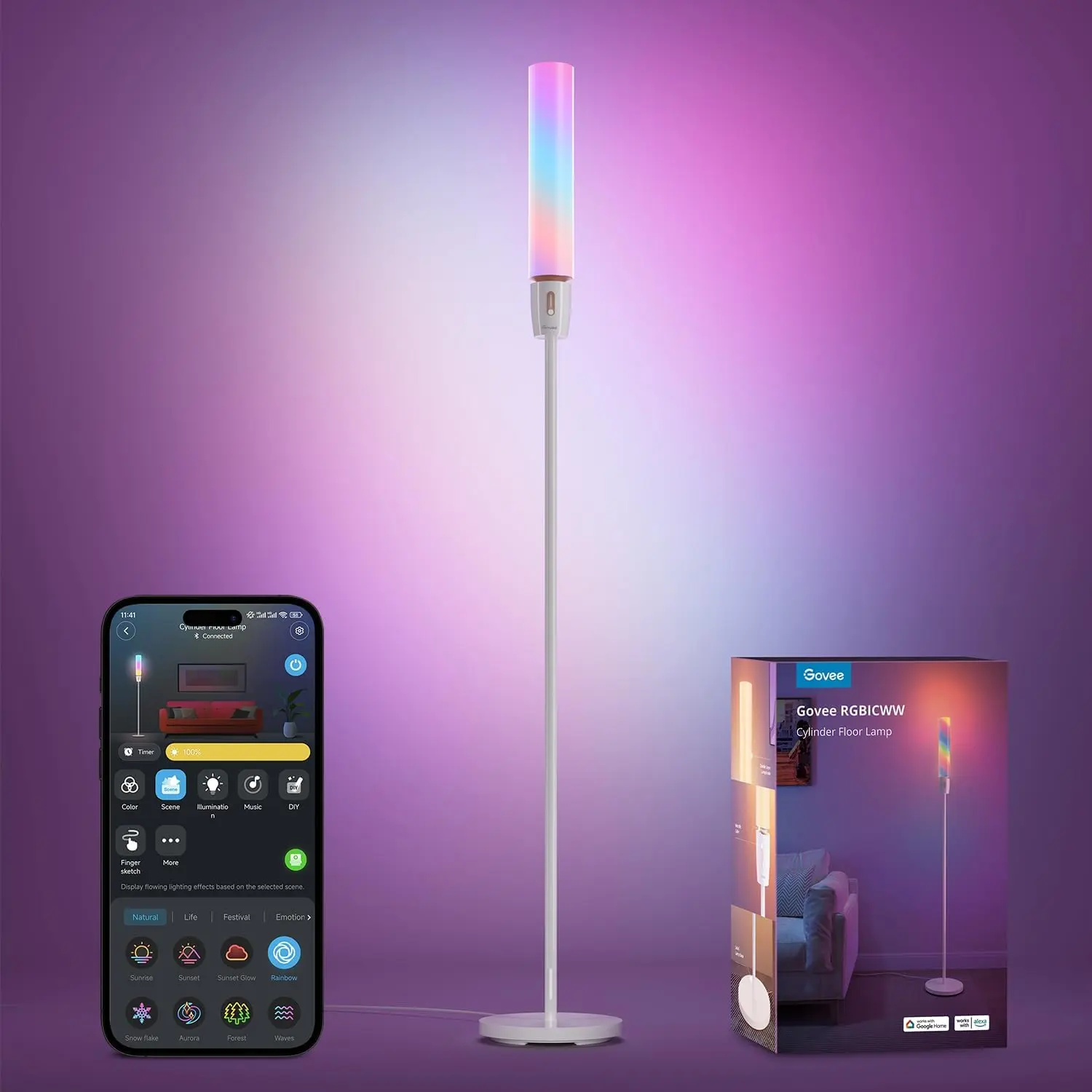 RGBIC Cylinder Floor Lamp, LED Corner Floor Lamp with  App Control,  Lamp with 64+ Scenes, DIY Mode,  Sync, 1500 Lumens Modern Lamp for Bedroom, Living Room