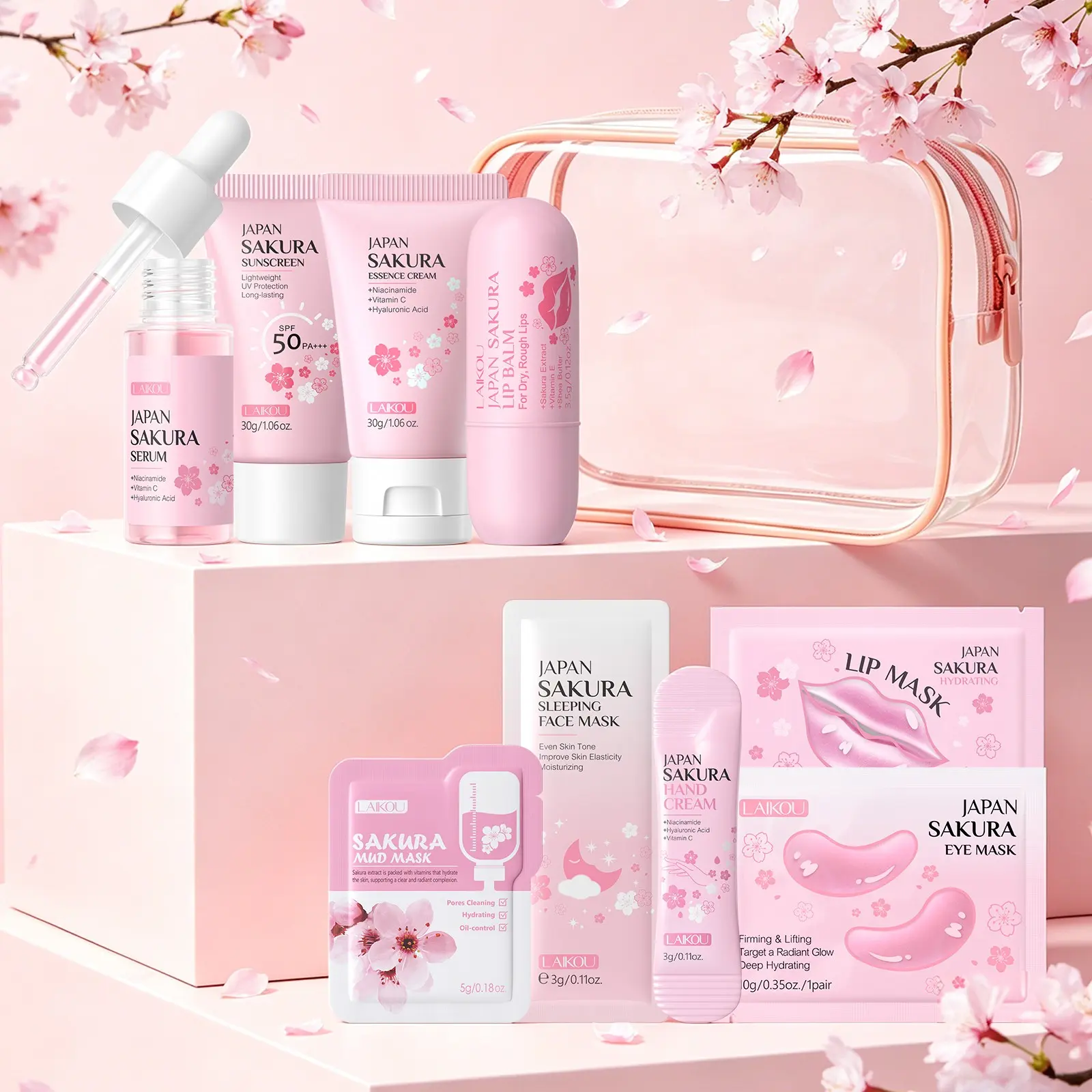 LAIKOU Japan Sakura Skincare Brightening Set Skin Care Kits Skin Care Products | Serum, Cream, Eye Mask, Hand Cream, Lip Care, Sunscreen & Masks for Glowing Dewy Skin #GLOBAL PICKS