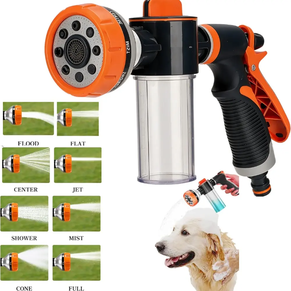 Garden Hose Nozzle Sprayer with Soap Dispenser, Multi Spray Nozzle, 8 Adjustable Spray Patterns Foam Car Wash Sprayer, Foam Control Dial Sprayer, 3/4 Inch Hose Attachment, Ergonomic Grip, Vehicle Washing, Pet Shower, Patio Yard Outdoor Cleaning