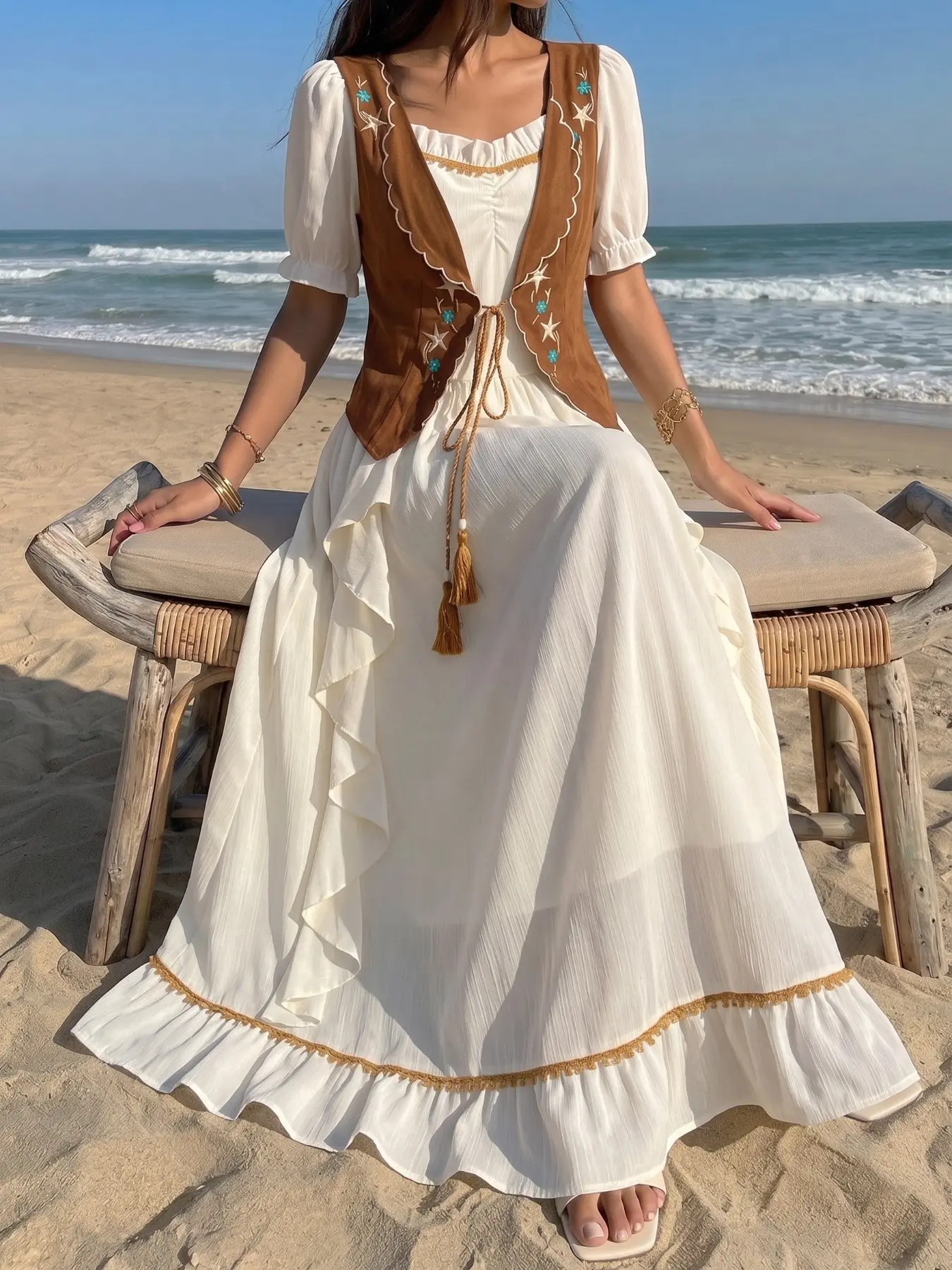 Bohemian Western long dress with starfish and floral embroidery, tassel ties, puff short sleeves and flowing ruffle hem, women's sundress for beach vacations, summer trips, afternoon tea and outings, Boho Dresses