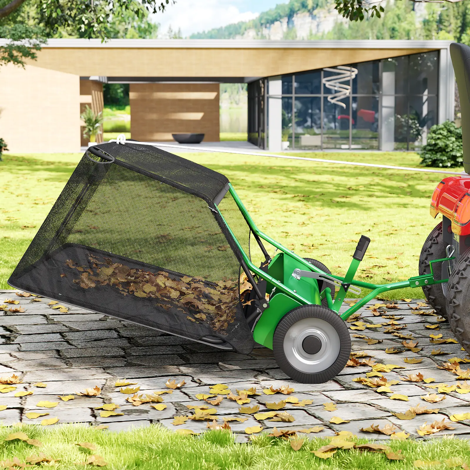 50 Inch Tow‑Behind Lawn Sweeper, 26 Cu.Ft Large Hopper Pull‑Behind Leaf and Grass Collector, Heavy‑Duty Garden Sweeper with Adjustable Sweeping Height for Yard, Lawn, Farm Use