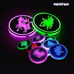 2Pcs Zodiac Constellation LED Car Cup Holder Mats - Color Changing Smart Ambient Light, Personalized Glowing Coasters, Nighttime Cool Lighting Decoration, Universal Car Accessories
