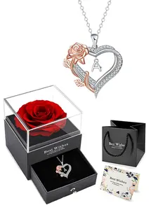 Mother's Day Gift Heart Letter Pendant Necklace, Rose Zirconia Charm, Elegant Gift Box Set for Mom & Lover, Birthday Holiday Present, Necklace Initial, Heart Design Necklace