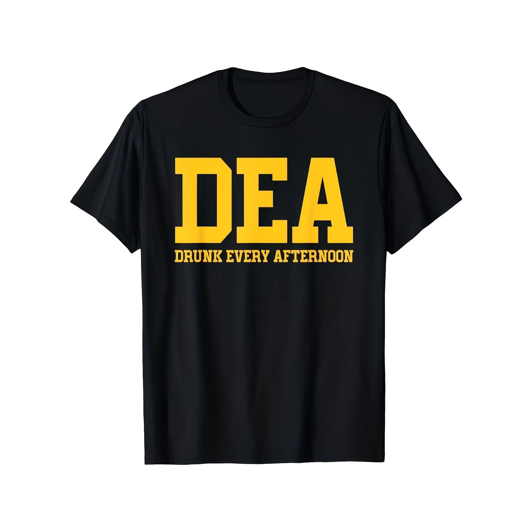 Hobby DEA Agent Drinking T-Shirt, Novelty Gift for DEA Agents, Featuring the Slogan "Drunk Every Afternoon", Black and Yellow DEA Logo Print, Loose Casual Style, Perfect for DEA-Themed Parties and Events, Retro Humorous Apparel