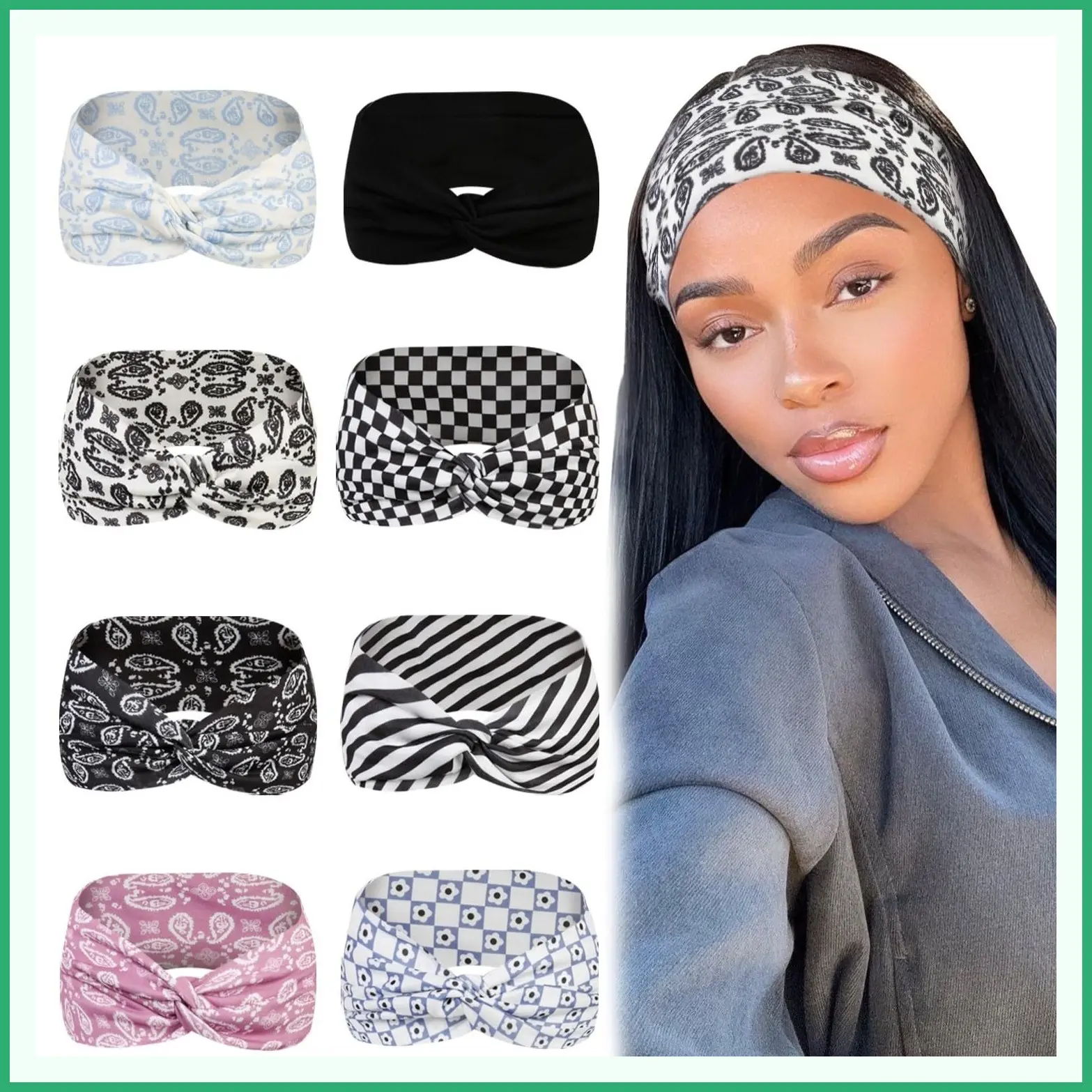 8 Pcs Boho Stretchy Turban Headbands for Women, Non-Slip Fashion Hairbands, Large African Sport Workout Head Bands for Lady
