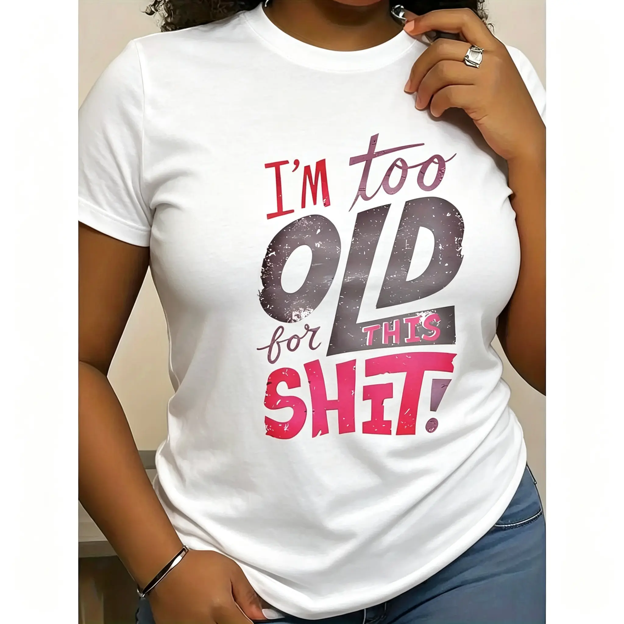 Women's "I'm Too Old for This Shit!" Graphic T-Shirt - Bold Letter Print with Pink & Purple Accents, Black Casual Round Neck Short Sleeve Top, Machine Washable Spring Summer Tee - Funny Sarcastic Gift for Women Clothes Cotton