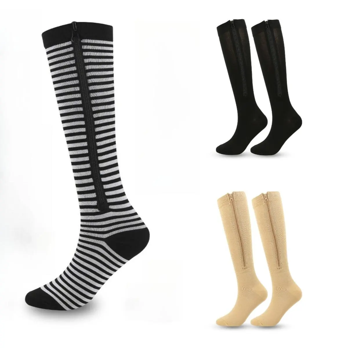 Stripe Long-Calf Compression Socks with Zip-Toe, Thermal Moisture-Wicking Athletic Support for Outdoor Running & Cycling, Athletic Socks, Outdoor Running Socks