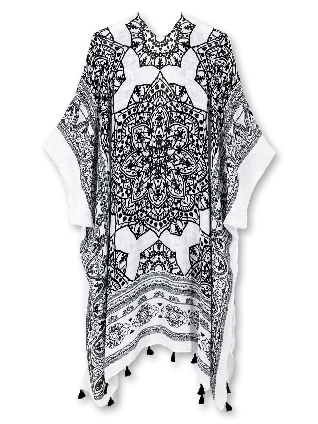 Women's Ethnic Pattern Fringe Trim Kimono Cover Up, Boho Batwing Sleeve Open Front Cover Up, Ladies Summer Clothes for Beach Holiday Vacation, Beach Cover Ups, Swimsuit Cover Ups