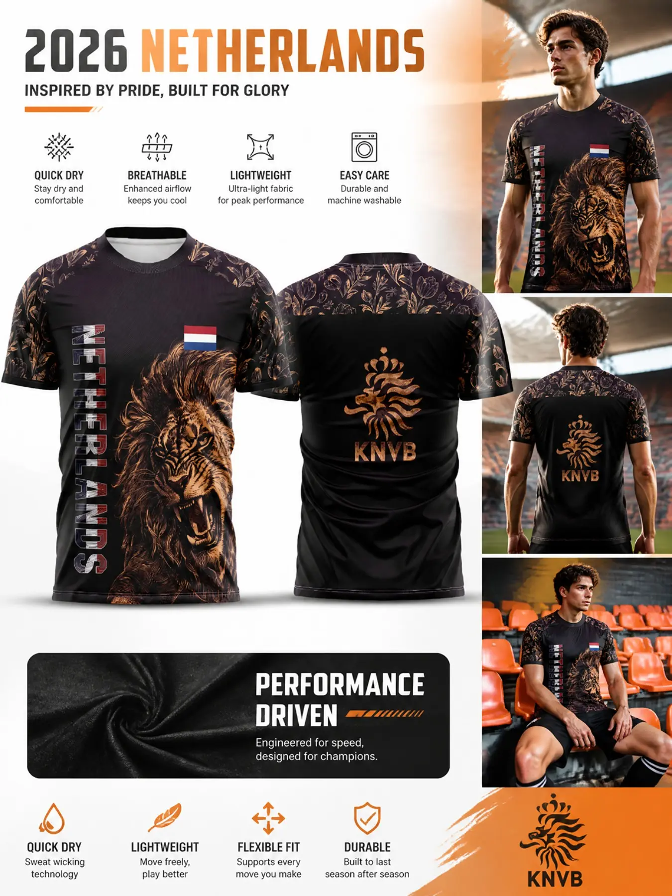 2026 Netherlands Soccer Jersey, Mesh Tulip Print, Quick-Dry Breathable Sportswear, Durable Easy-Care Football T-Shirt for Fans
