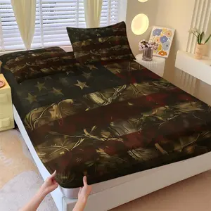 Camouflage Usa Flag Moose Print Bed Fitted Sheet Set, 1 Bed Skirt and 2 Pillowcases, Breathable Lightweight Fabric, Ideal for Hunting Enthusiasts