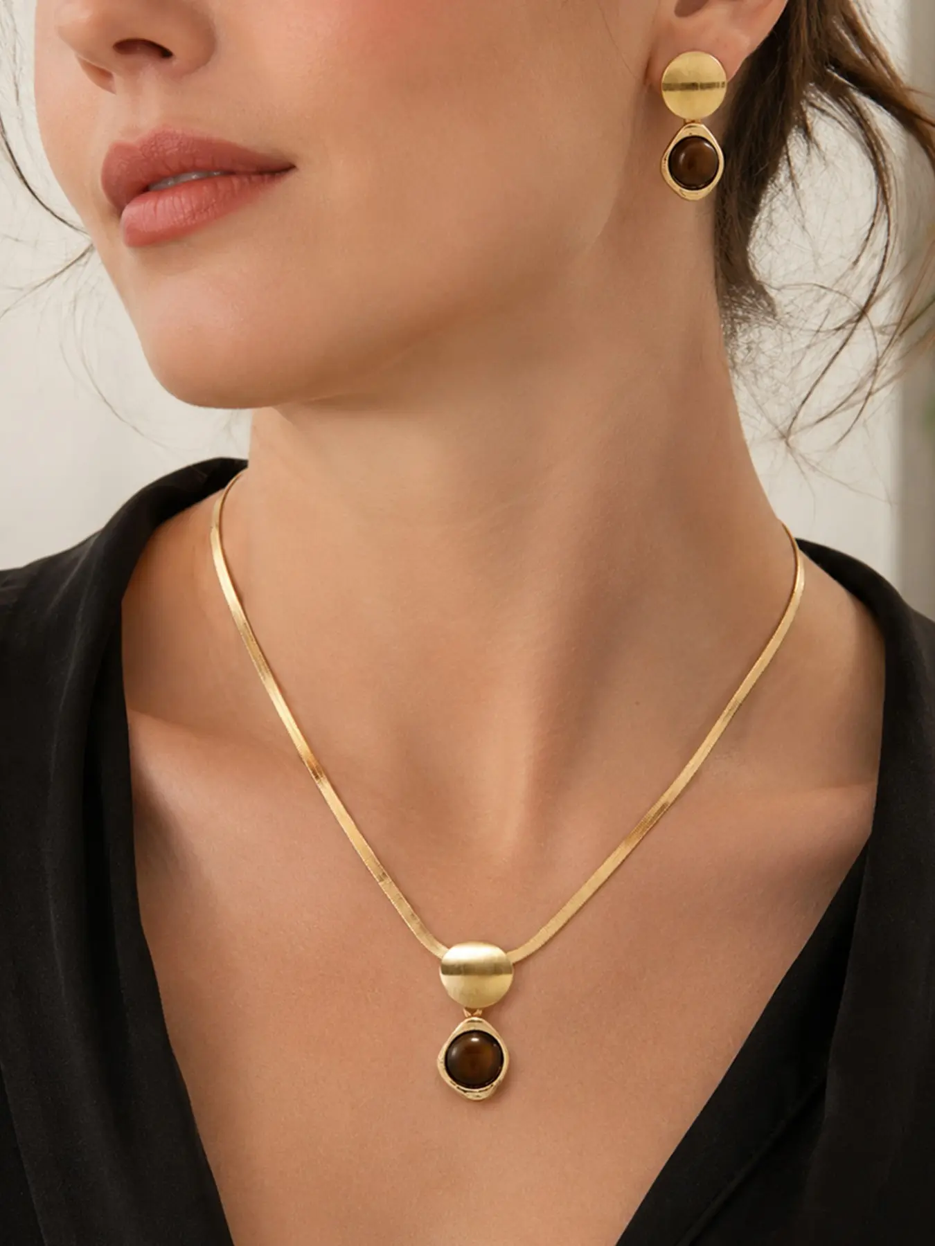 3pcs Tiger Eye Set, Snake Bone Necklace Earrings, Elegant Gift for Women, Casual Style, All Seasons Jewelry