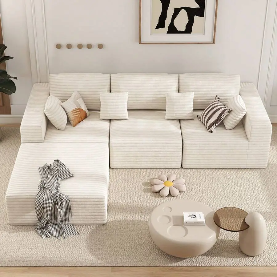 113-Inch Modular Sofa, Convertible L-Shaped Cloud Sofa, Modern Minimalist Upholstered Sofa With Recliner, Comfortable Corduroy Sofa, Suitable Living Room, Bedroom, Apartment, No Assembly Required