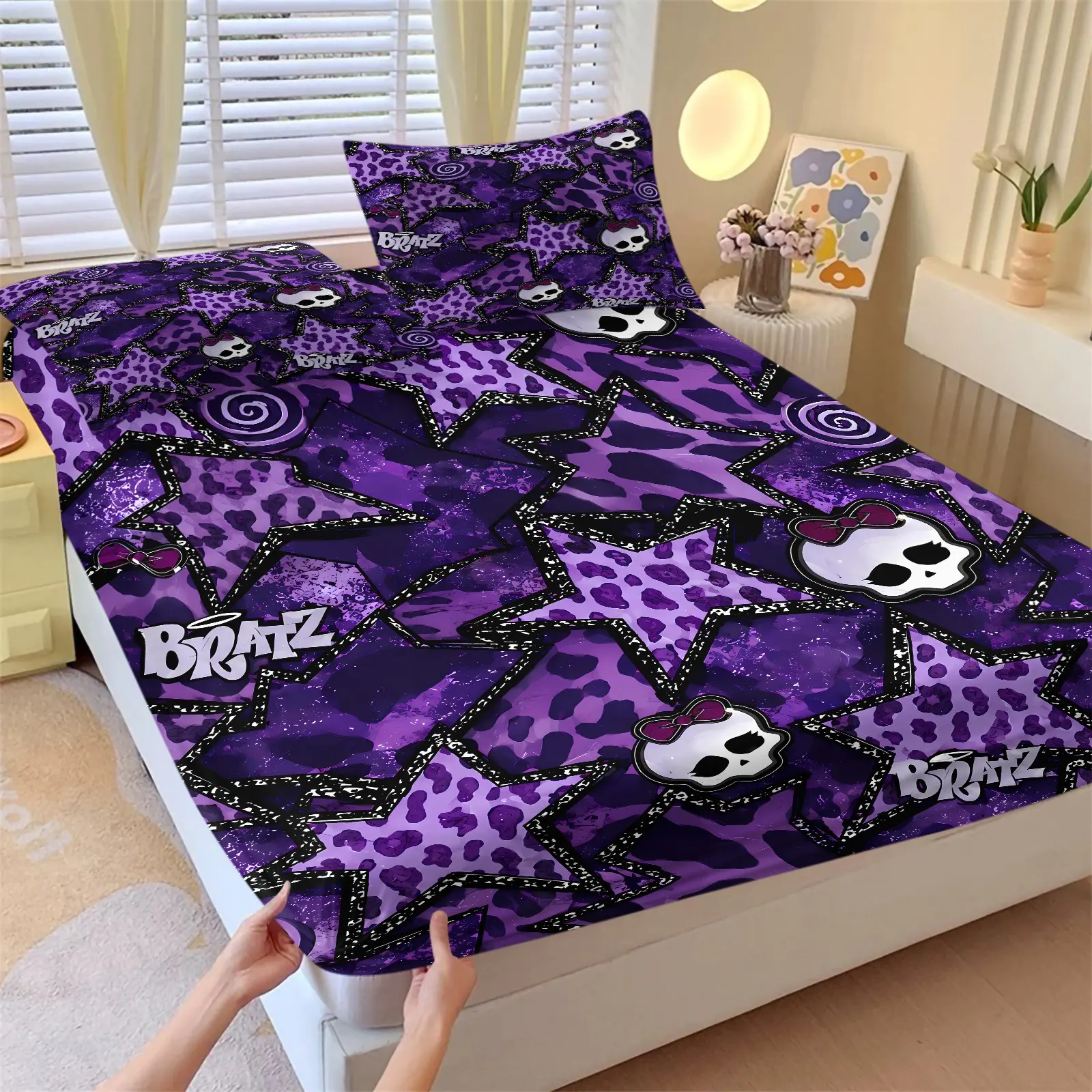 Purple Leopard Star Bow Skull Fitted Sheet Set & 2 Pillowcases, Black-Bordered Glitter Star & Spiral Pattern Print, Comfortable Deep Pocket Design, Sweet Gothic Style Teen Bedroom Halloween Theme Room Decor, Cool Bedding Set